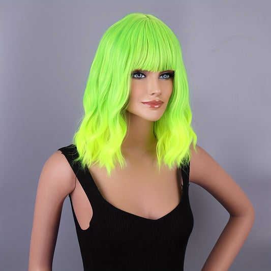 Women's fluorescent green short-wave wig with bangs Loose Wave wig Bob Curly wave synthetic cosplay wig suitable for girls colorful costume wig
