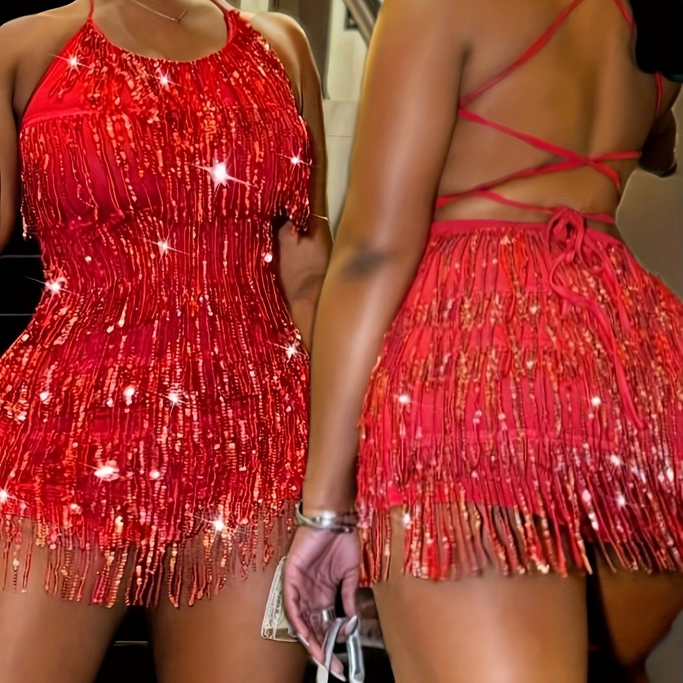 Women'S Sexy Off-Shoulder Backless Bodycon Jumpsuit with Tassel Detailing - Red Sequin & Beaded Strapless Party Dress for Latin Dance Performances, Festive Occasions & Nightclub Style, Dance Clothes, Festive Occasion Wear, Of