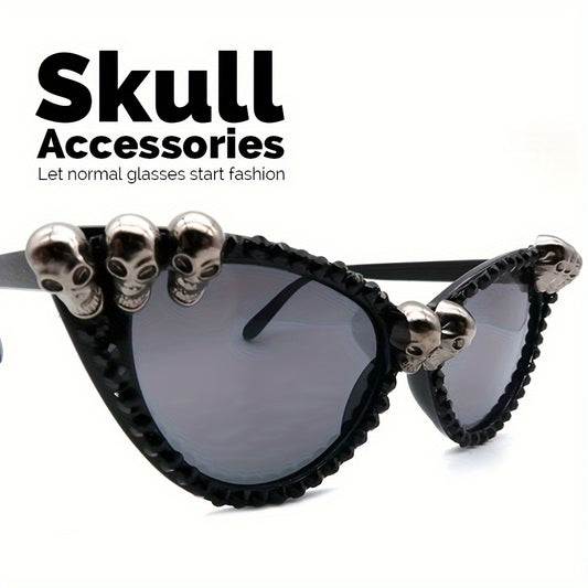 Vintage Gothic Skull Cat Eye Fashion Glasses - Plastic Frame with Crystal Embellishments, Suitable for Both Men And Women, Perfect for Halloween And Party Events.
