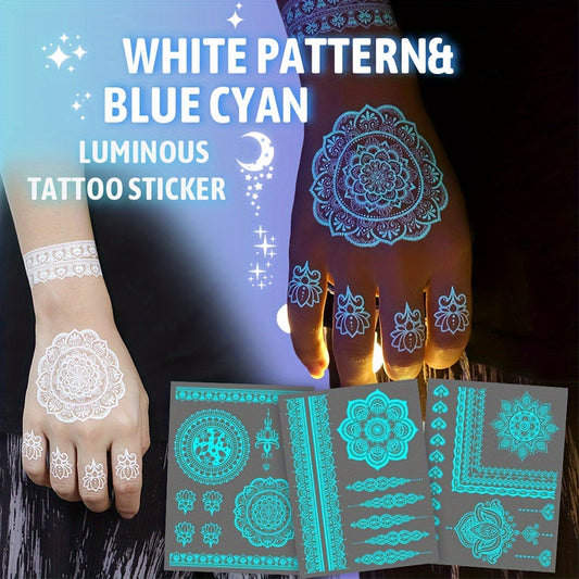 6 Sheets Glow-in-the-Dark Blue Luminous Tattoo Stickers - Tribal White Lace Lotus Mandala Flower Designs, Waterproof Fake Jewelry Pendant Pattern, Perfect for Wedding, Music Festival, Party Supplies and Daily Wear - Easy to A