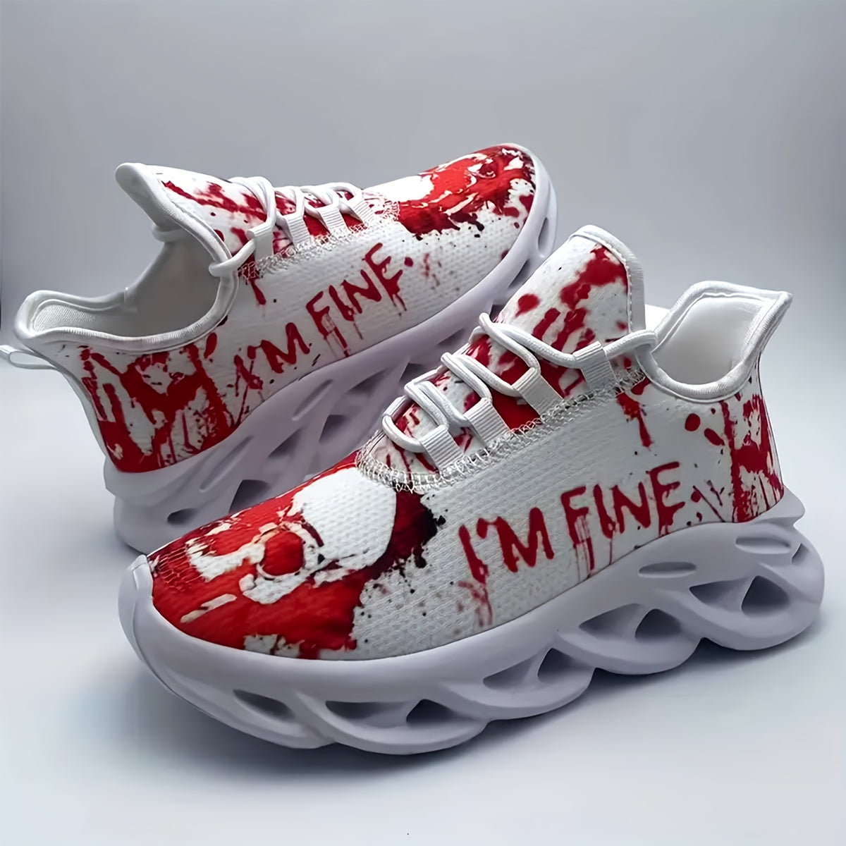 Men'S Halloween Sneakers - Blood Splatter Skull Design, Lightweight MD Sole, Breathable Fabric, Lace-Up Training Shoes for Gym, Streetwear, Parties - Red & White Gothic Style, All-Season Casual Wear, Bold Print, Fashionable T