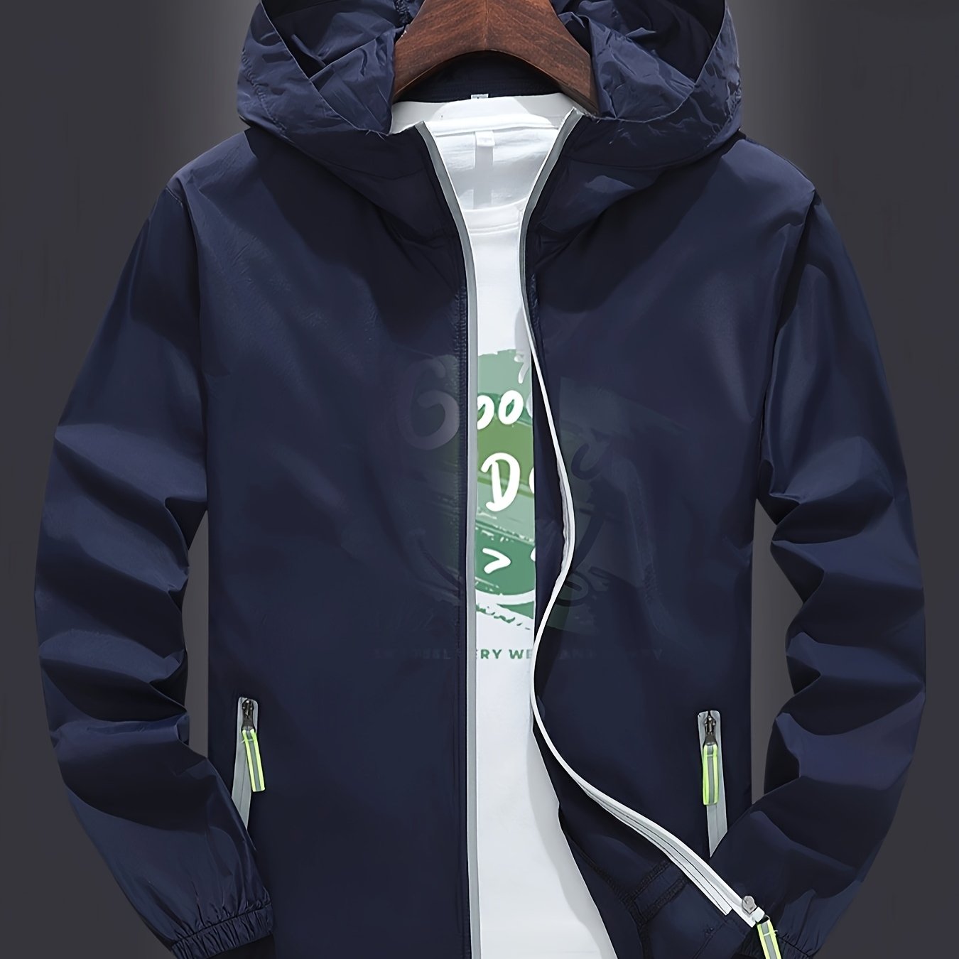 Men's Zip-Up Hooded Jacket - Breathable Reflective Outerwear for Gym, Cycling, Hiking & Beach Use - Lightweight Spring/Summer/Autumn Outdoor Wear with Zippered Storage Design. High-Quality Unisex Hoodie Perfect for Water Spor