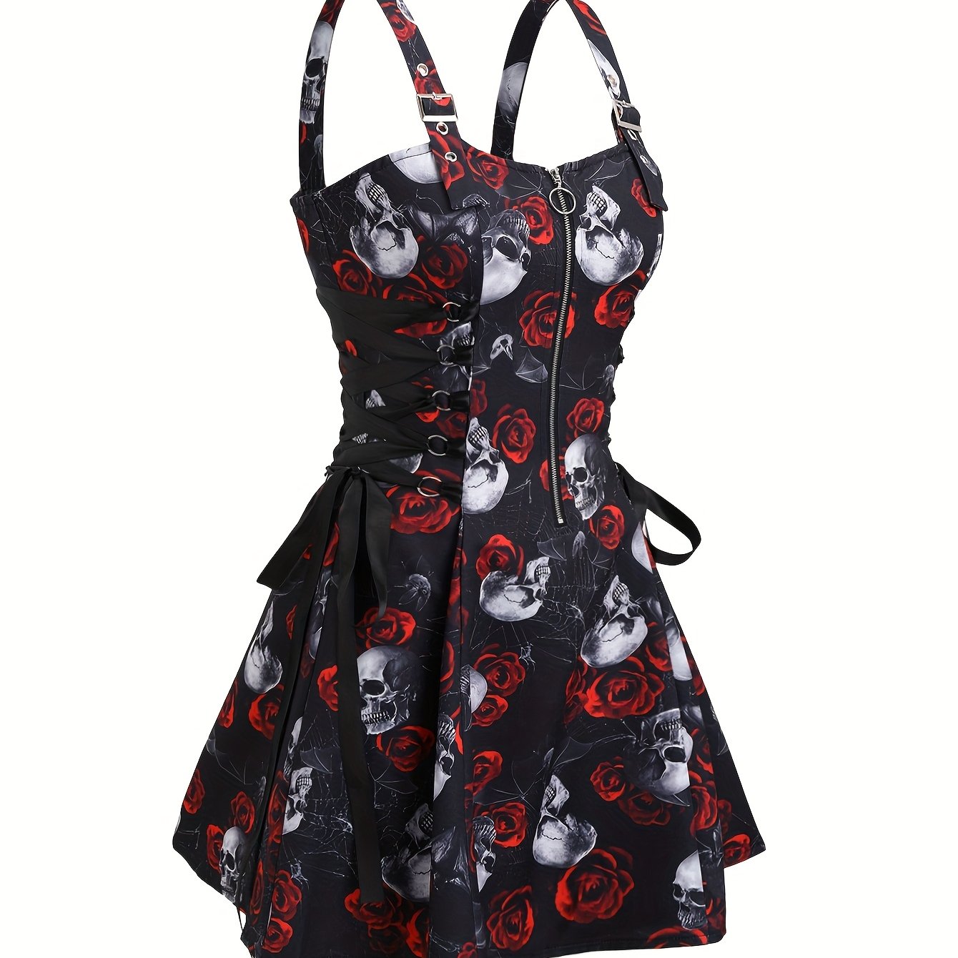 Women'S Gothic Rose Print Midi Dress with Back Zipper and Corset Detail - Casual Sleeveless A-Line Skirt, Black with White Floral Pattern, Elegant Halloween Attire