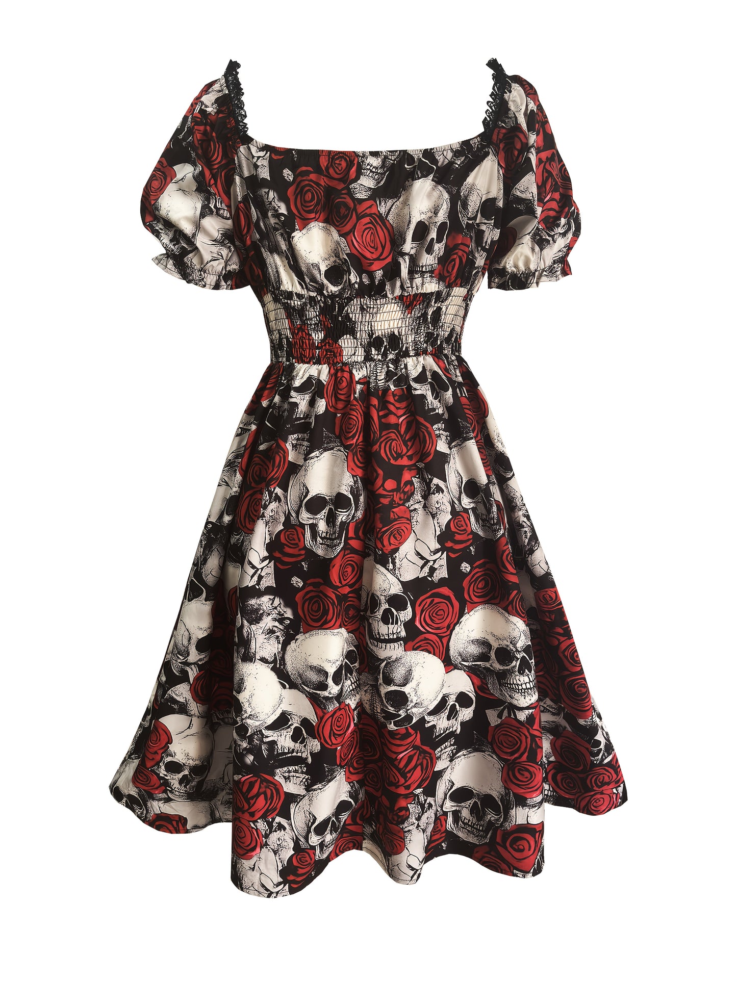 Women's Gothic Y2K Skull & Rose Print Gothic Victorian-Style Dress with Ruffled Hem & Spaghetti Strap - Lace-like Sleeve Neckline, Corset Back Closure, Machine Washable - Elegant Party Outfit for Halloween, Day of the Dead, T