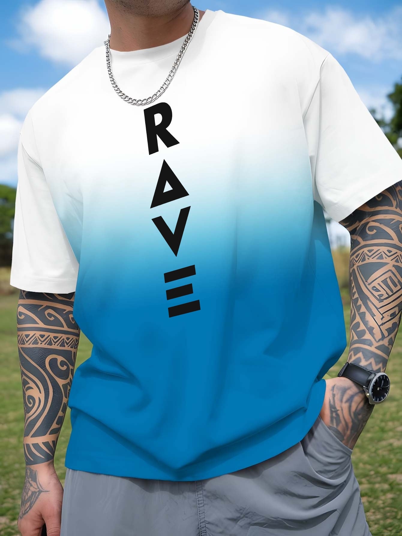 Men's Gradient Rave Graphic T-Shirt - Ice Silky Breathable, Quick-Dry, Round Neck, Short Sleeve, Casual Summer Tee in Vibrant Orange to Black Ombre Design