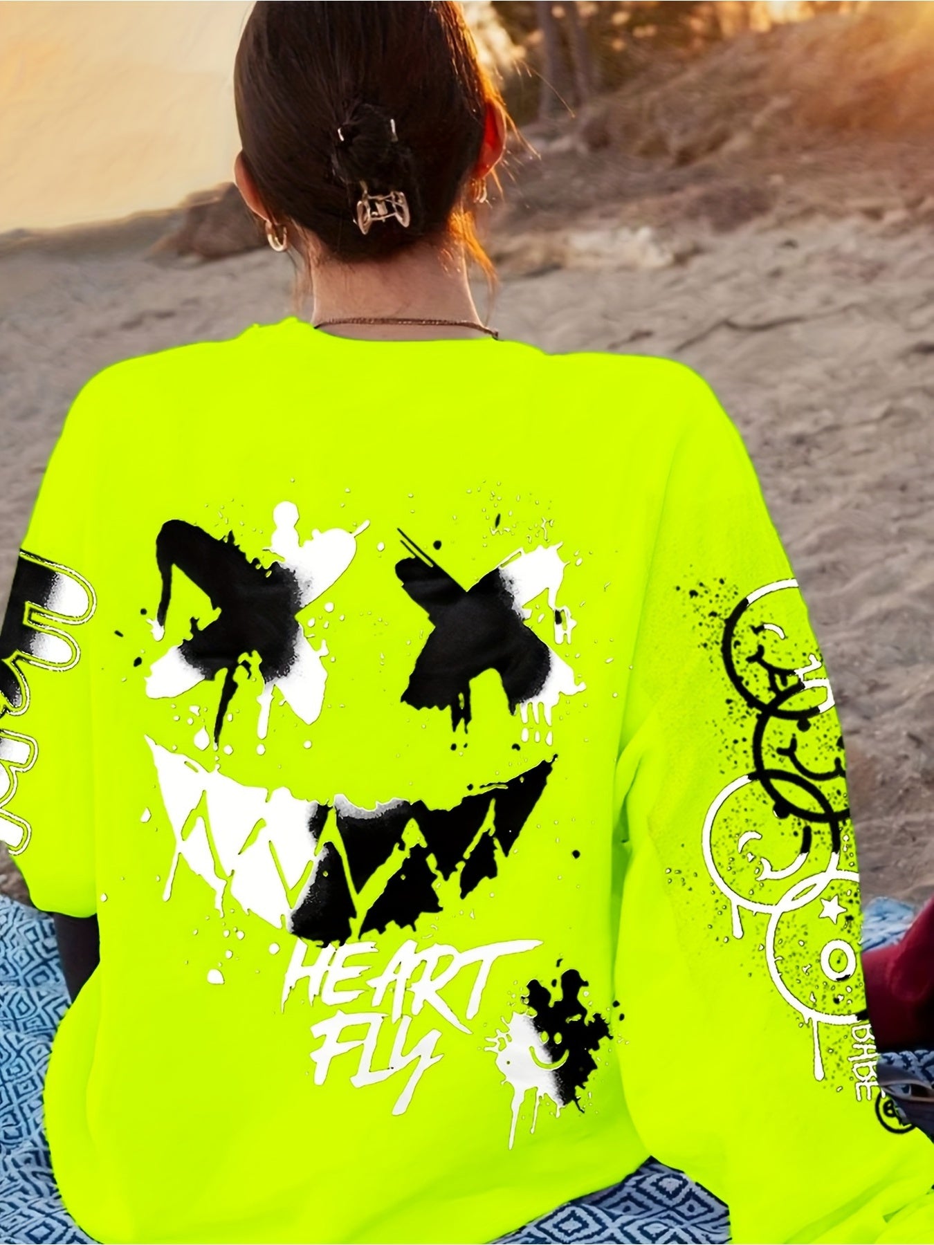 Women's Vibrant Neon Green Graffiti Print Sweatshirt -"HAPPY" & Heart Graphic, Long Sleeve, Lightweight Polyester Blend, Machine Washable, Style A4009YE197-6