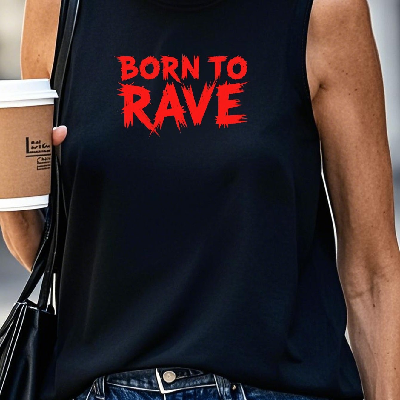 Women'S "Born to Rave" Graphic Tank Top - Black Sleeveless Casual Vest with Bold Red & White Print, Perfect for Music Festivals and Casual Attire, Festive Attire | Bold Print Top | Comfortable Fit, Rave Clothing