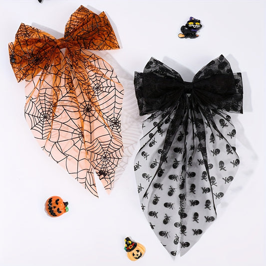 Vintage Fabric Bow Hair Clip with Spider Web and Skull Print – Elegant Halloween Hair Accessory for Women, Single Horror Themed Color Matching Barrette, Ideal for Party Dress Up, Suitable for Ages 14+
