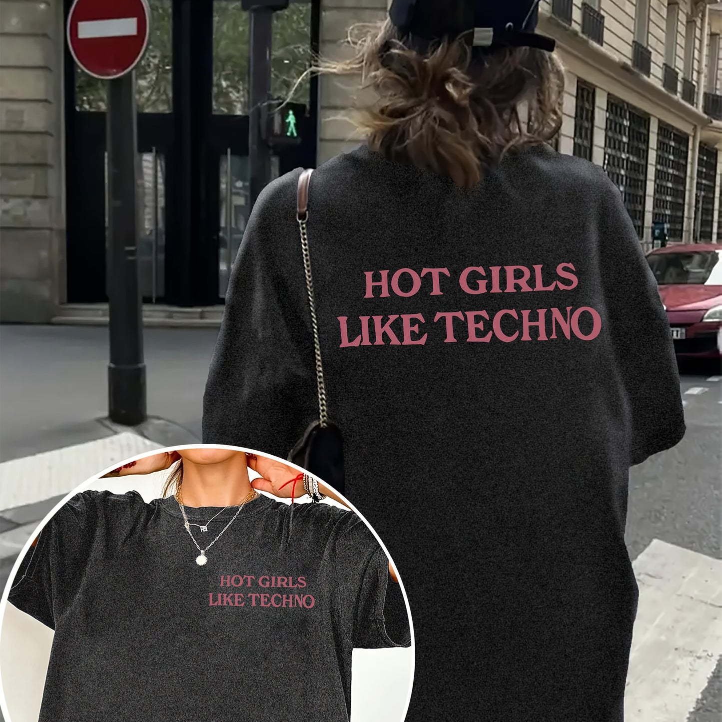 Women's TECHNO Graphic Tee - Lightweight Breathable T-Shirt with Front & Back Pink Slogan Print - Machine Washable Clubbing Shirt for DJs, raves, techno Parties - All-Season Casual Top, Rave Outfit, Bold Statement Design, Com