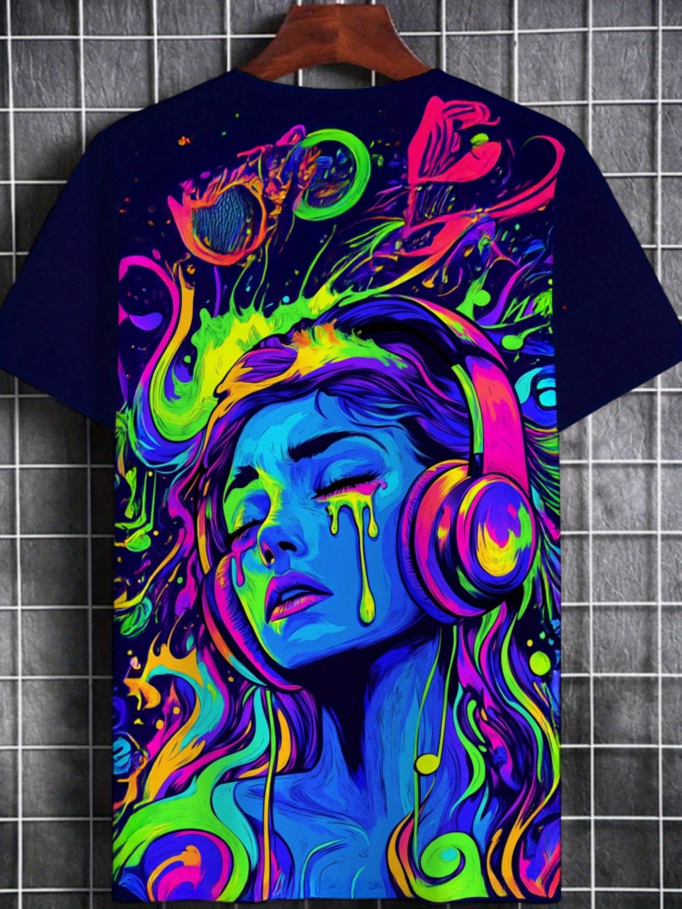 Men'S Vibrant Neon Art T-Shirt - Psychedelic Woman with Headphones Graphic, Colorful Swirl Design, Casual Crew Neck, Perfect for Festivals & Parties, Festival Clothing | Psychedelic Graphic Tee | Stretchy Fabric