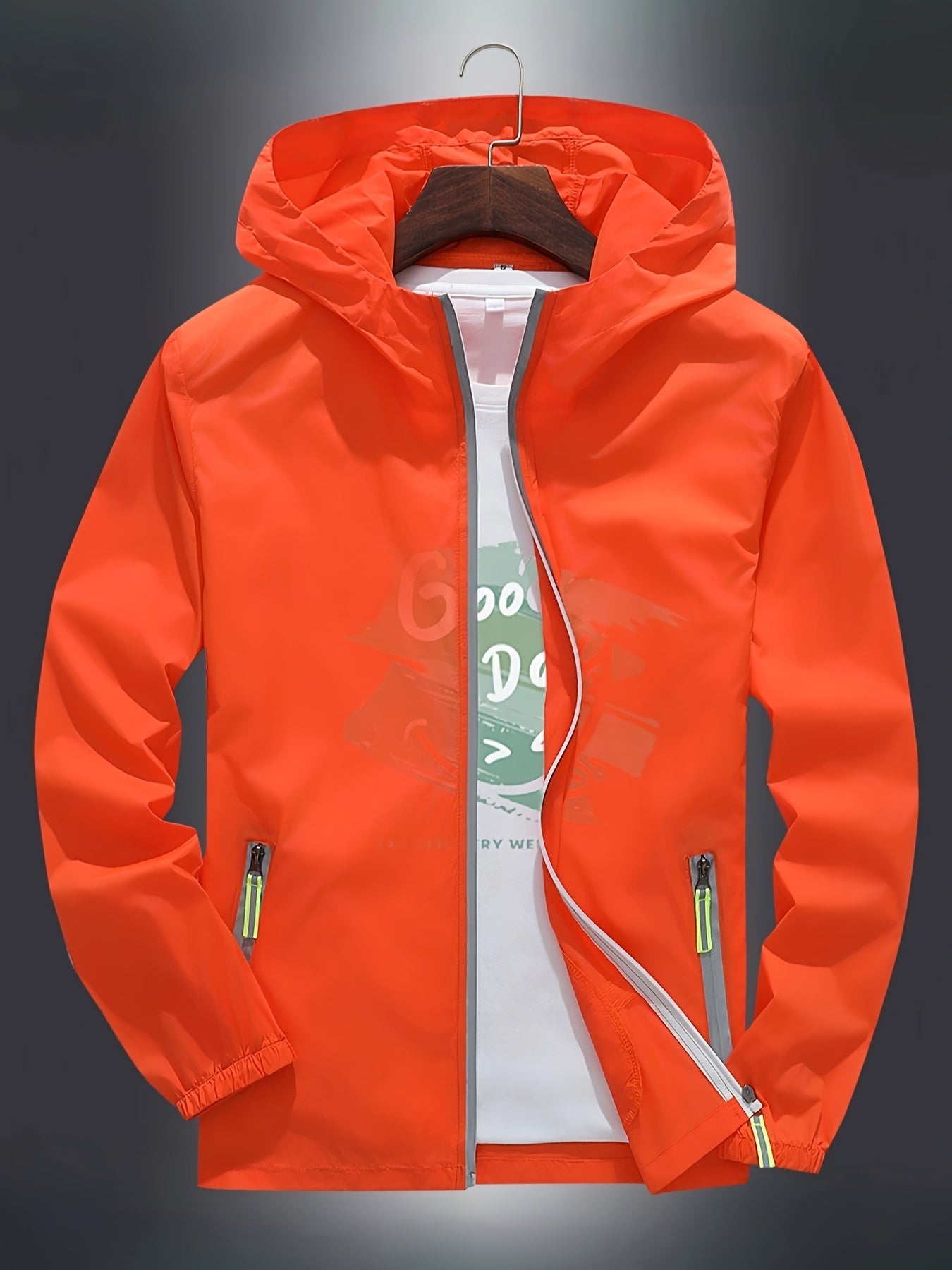 Men's Zip-Up Hooded Jacket - Breathable Reflective Outerwear for Gym, Cycling, Hiking & Beach Use - Lightweight Spring/Summer/Autumn Outdoor Wear with Zippered Storage Design. High-Quality Unisex Hoodie Perfect for Water Spor