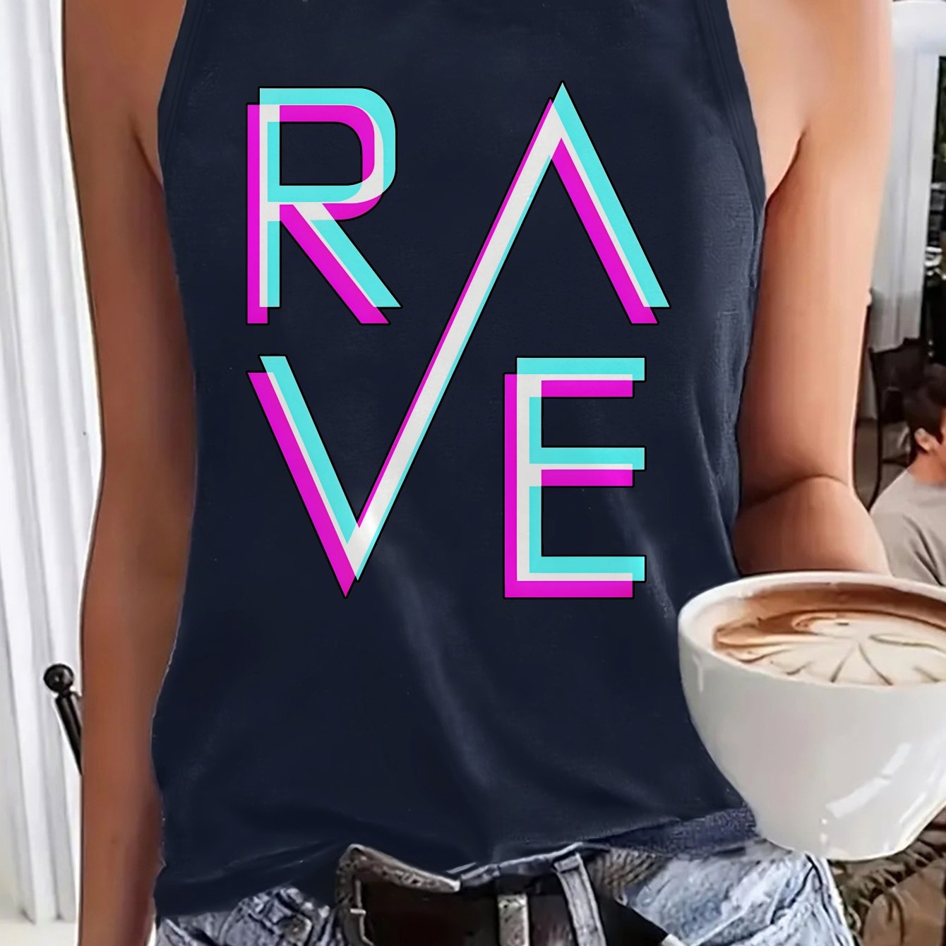 Women's Sexy Sleeveless Tank Top - Black with Neon Pink & Blue 'RAVE' Letter Print, 100% Polyester, Stretchy Round Neck, Machine Washable, All-Season Casual Wear