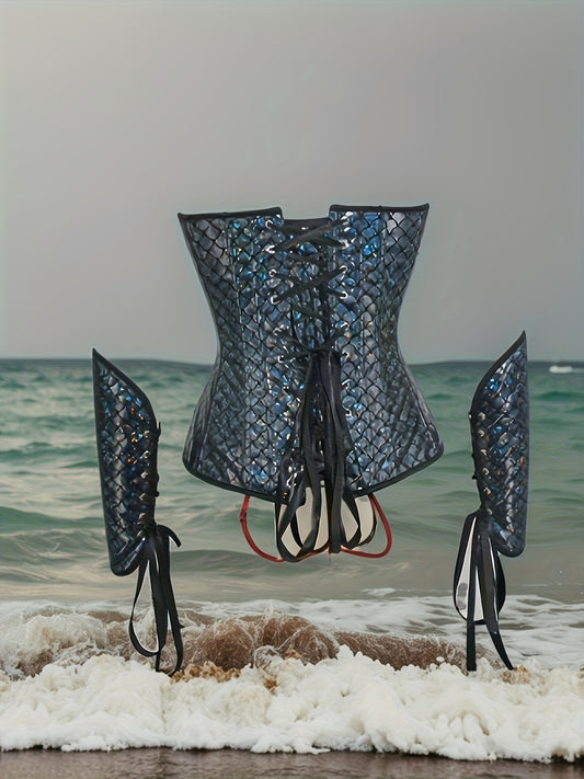 Gogo Future Technology Fish Scale Hot Stamping Laser Colorful Corset, Steel Knight Performance Dance Party Costume Set, Cloudy, Lee Brand, Off-Shoulder, High Support, Non-Stretch Fabric, Regular Fit, X-Contour, No Belt, Print