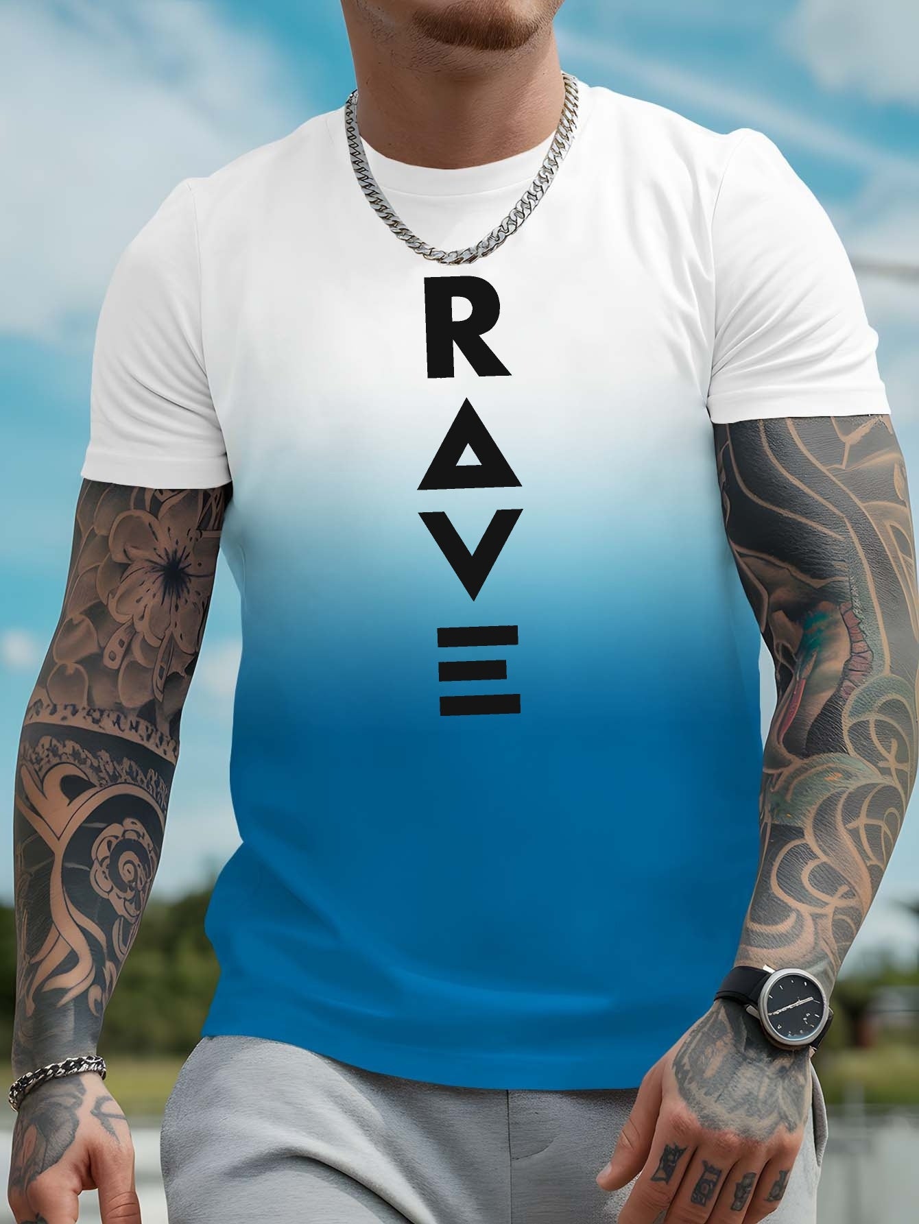 Men's Gradient Rave Graphic T-Shirt - Ice Silky Breathable, Quick-Dry, Round Neck, Short Sleeve, Casual Summer Tee in Vibrant Orange to Black Ombre Design