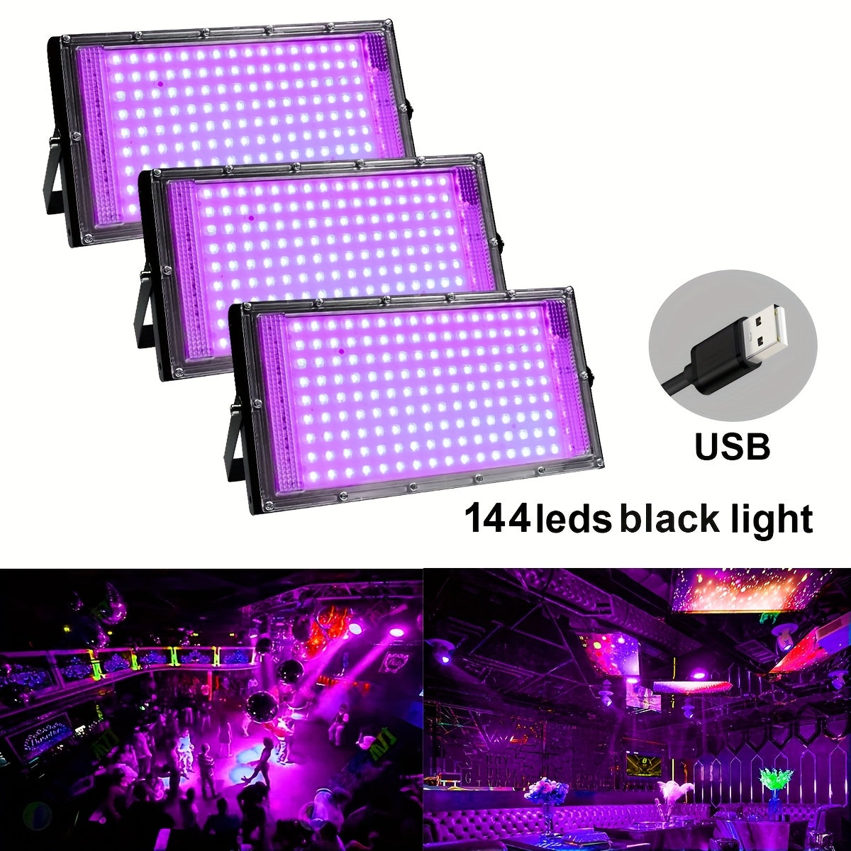 USB Powered Black Light with 50/96/144 LEDs, Metal UV Floodlight for Luminous Parties, Halloween/Christmas, Body & Fluorescent Painting, Birthday & Neon Events, Switch Control, No Battery Required, Night Light Rechargeable