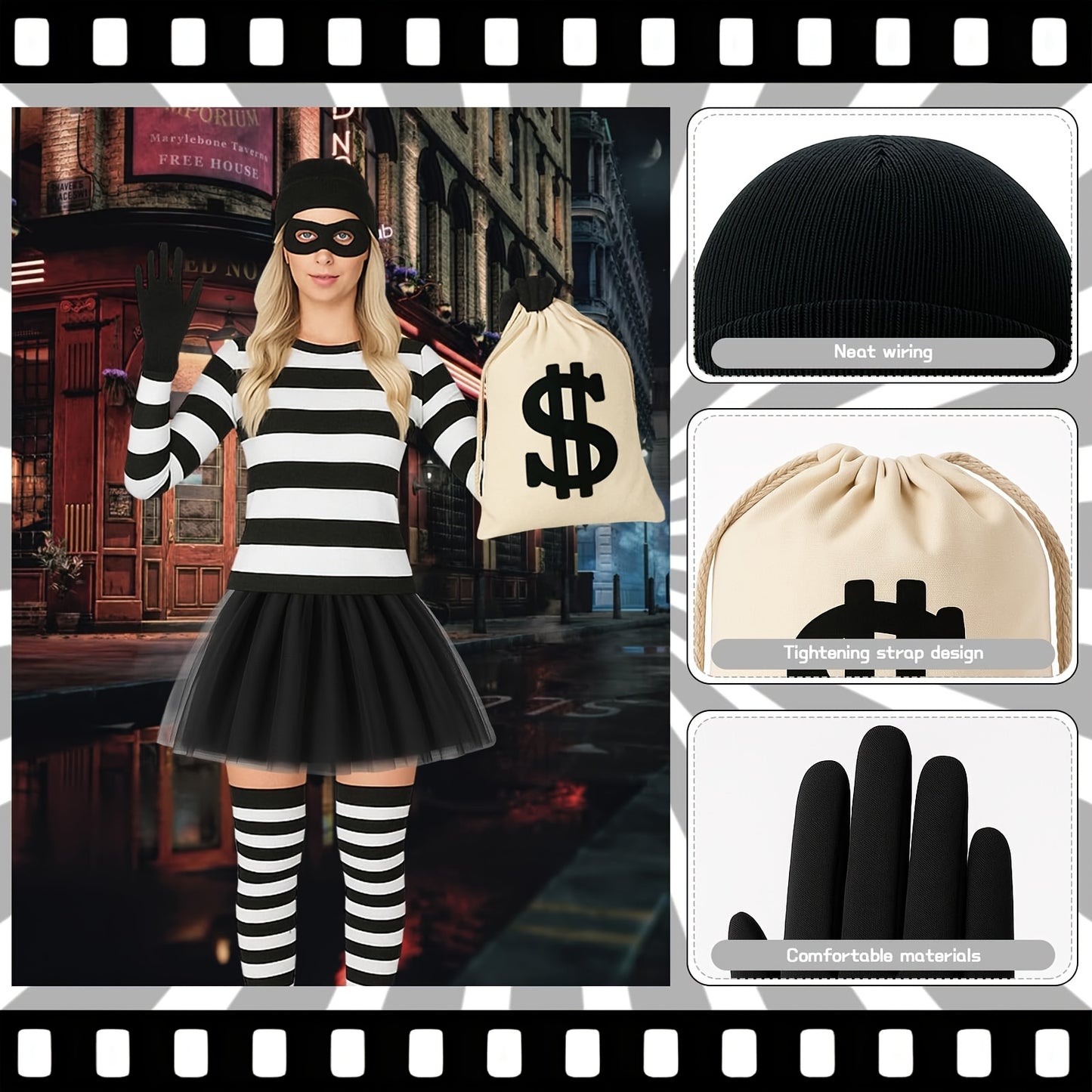 6pcs Women Robber Costume Set - Black Beanie, Gloves, Eye Mask, Striped Socks, Tutu Skirt, Canvas Money Bag for Halloween, Cosplay, and Fancy Dress Parties, Adult Halloween Costume | Playful Accessories | Polyester Fiber, Hal