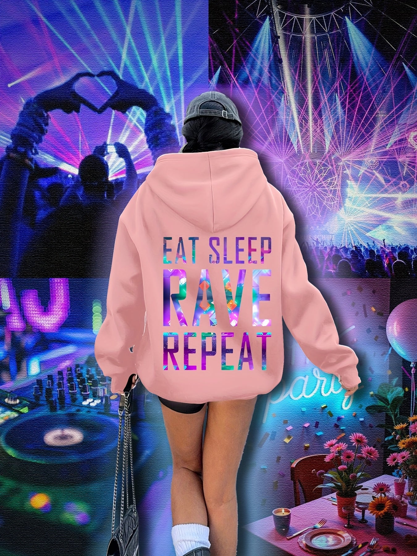 Plus Size, Women's Plus Size "EAT SLEEP RAVE REPEAT" Graphic Hoodie - Music Festival Print with Colorful Lights & DJ Design, Cozy Drawstring Hooded Sweatshirt for Winter & Autumn, Machine Washable Casual Pullover