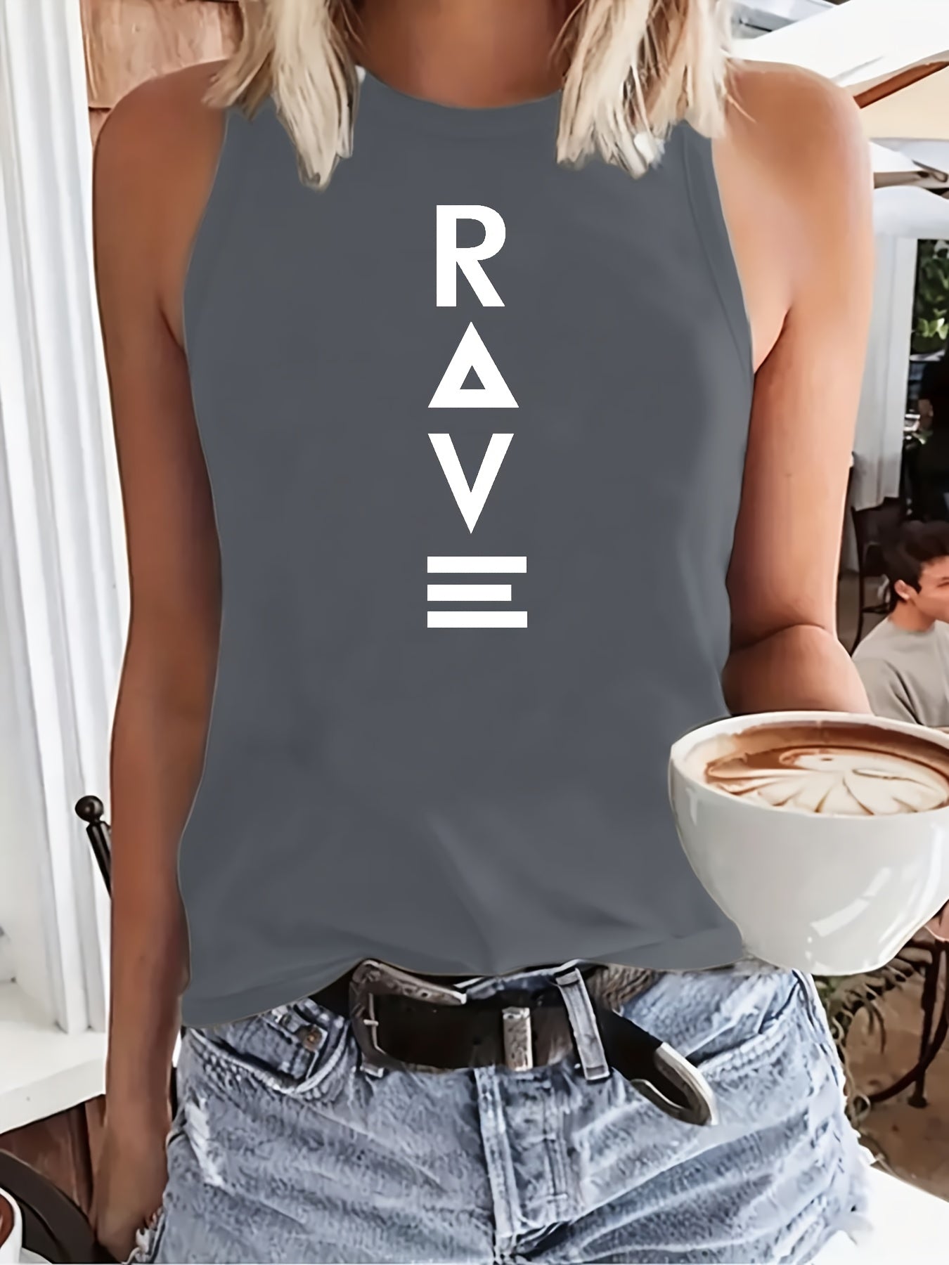 Women'S Casual RAVE Graphic Tank Top - Sleeveless, Round Neck, Light Brown with White Lettering, All-Season Fashion, Casual Attire|Bold Lettering Top|Durable Fabric