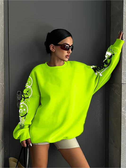 Women's Vibrant Neon Green Graffiti Print Sweatshirt -"HAPPY" & Heart Graphic, Long Sleeve, Lightweight Polyester Blend, Machine Washable, Style A4009YE197-6