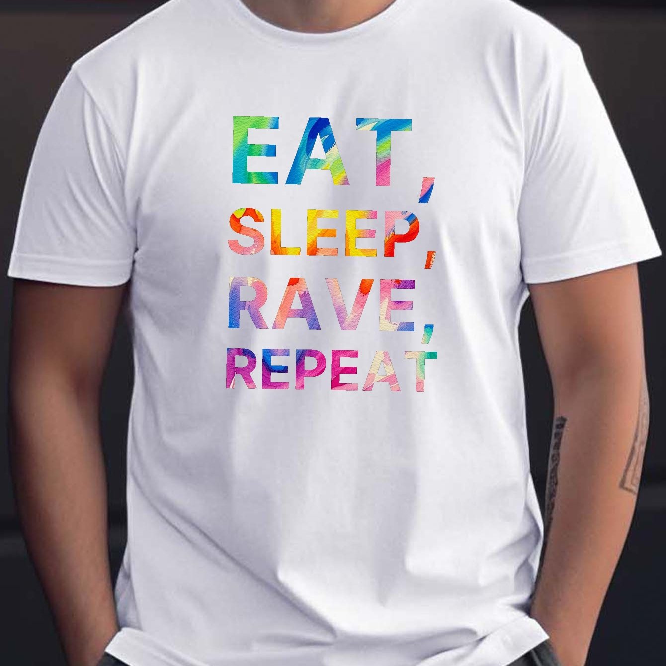 Eat Sleep Rave Repeat Letter Print Men's Summer Short Sleeve Crew Neck Tees, Breathable Polyester Fabric T-shirt, Casual Comfortable Versatile Top For Everyday Wear