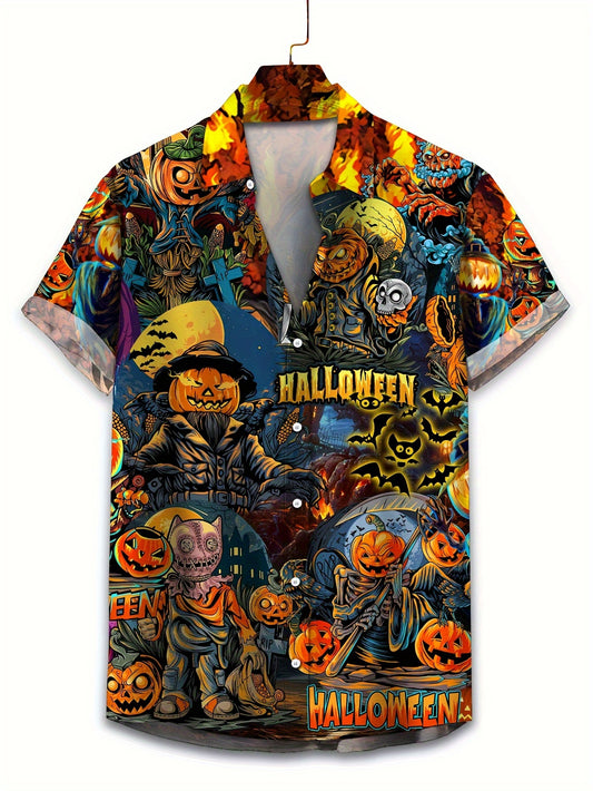 Plus Size Men's Casual Halloween Zombie Pumpkin Print Hawaiian Shirt
