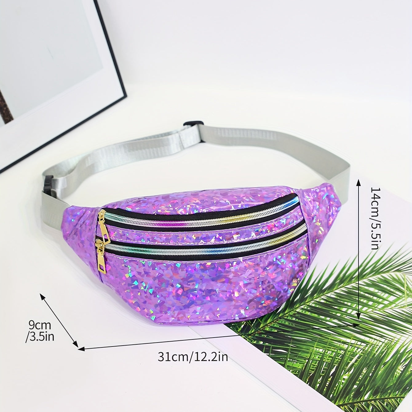 Holographic Sequin Waist Bag for Women - Stylish Crossbody Belt Bag with Adjustable Strap, Zipper Closure, And Glittery Purple, White, And Pink Patterns - Perfect for Outdoor Activities, Travel, And Everyday Fashion, Crossbod