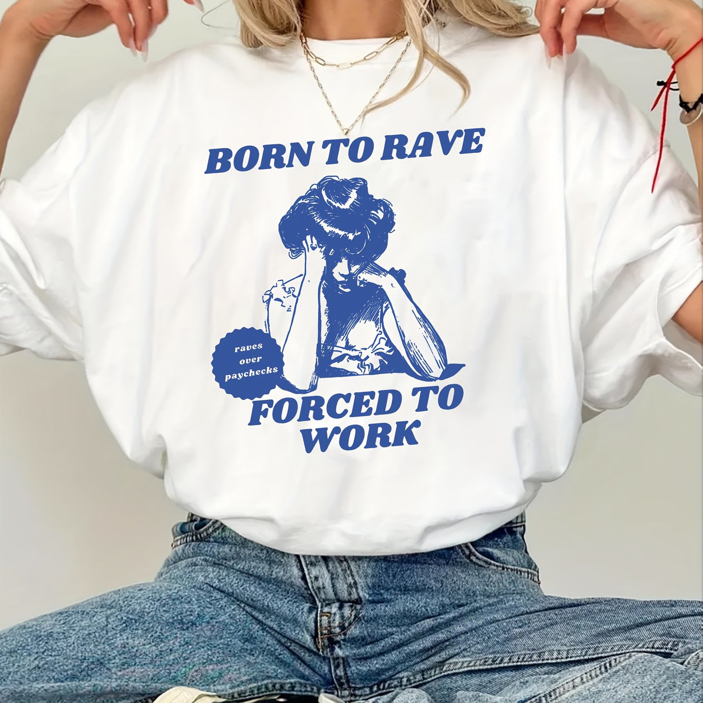 Women'S Casual Oversized T-Shirt with "Born to Rave, Forced to Work" Cartoon Print - Soft Polyester, Round Neck, Short Sleeve, White, Perfect for Summer & Spring, Comfortable Fashion | Playful Graphic Tee | Glossy Fabric Shir