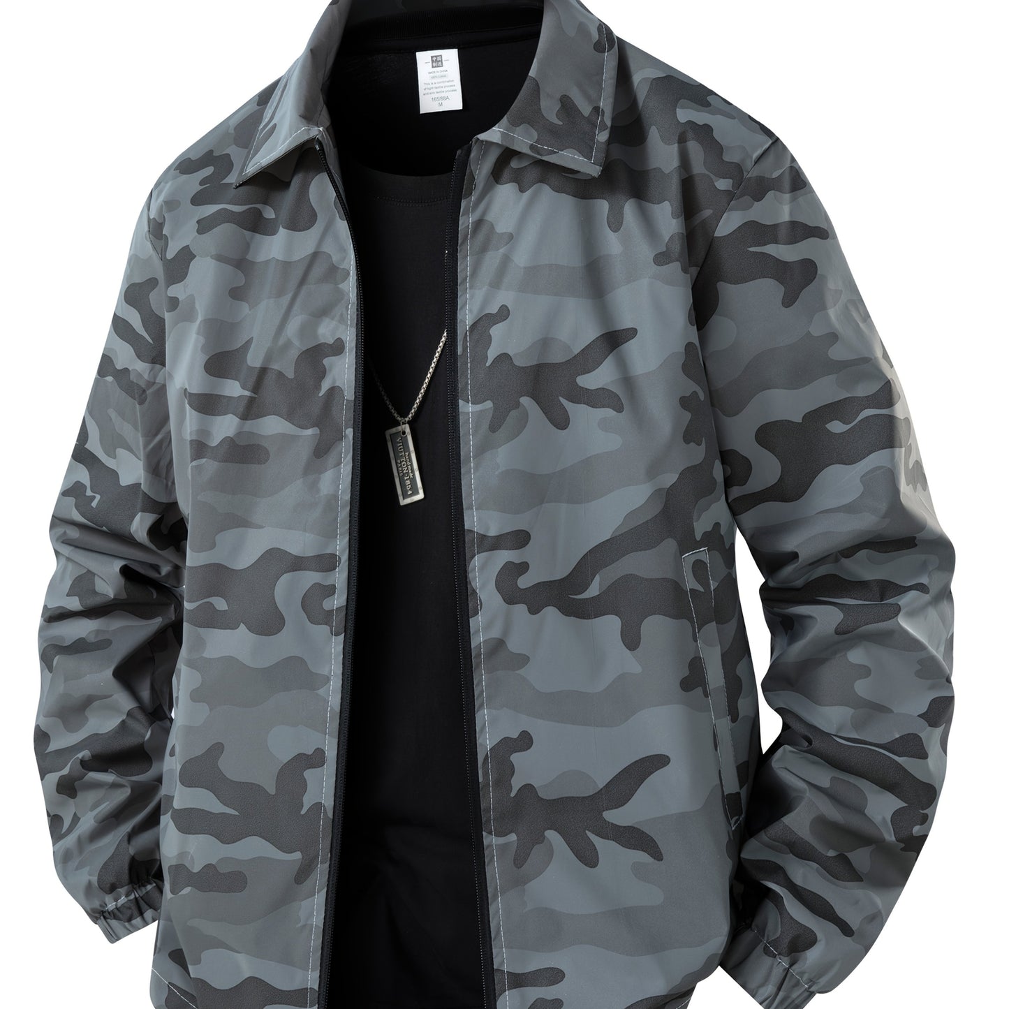 Men's Reflective Camo Soft Shell Jacket - Lightweight Polyester, Zip-Up Design with Flap Pockets, Gray Camouflage Pattern for Outdoor Activities, Running, Training, Hiking & Cycling - Perfect for Casual Wear