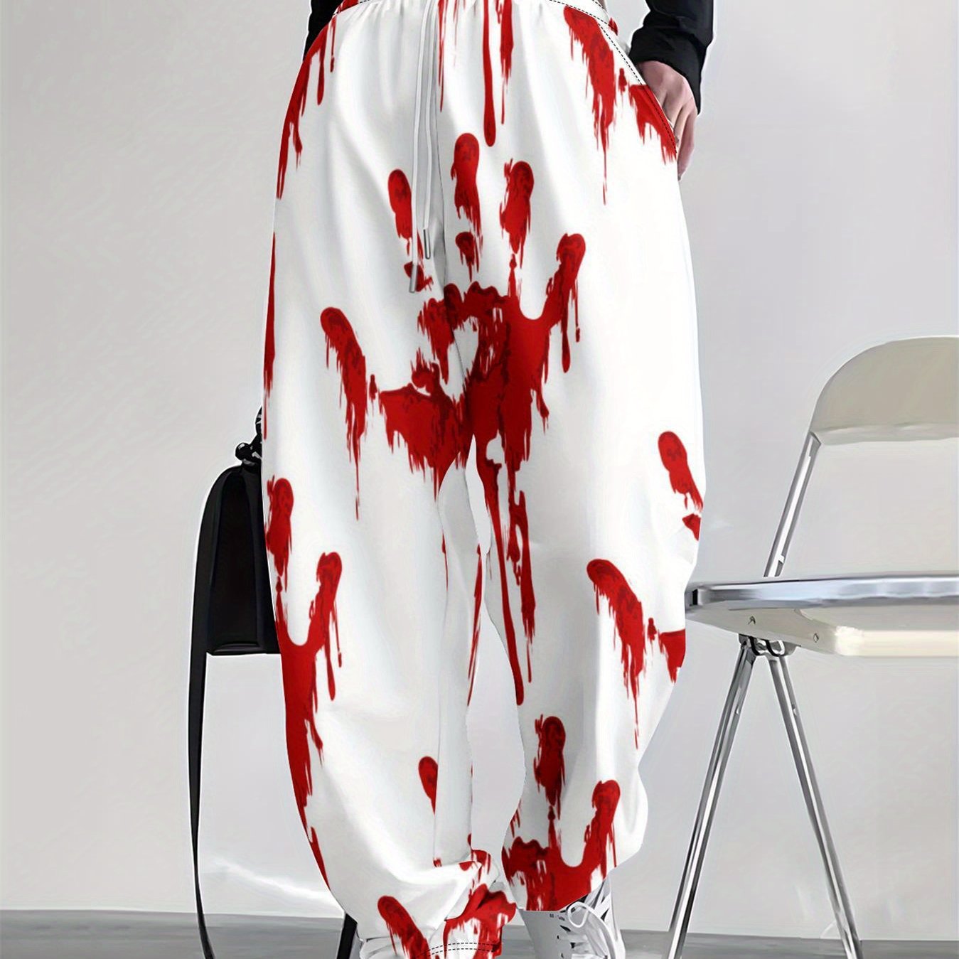 Women's High-Waisted Halloween Blood Splatter Pants - Stretchy Drawstring Waist, Non-See-Through Fabric for Halloween Party Outfits, Everyday Casual Wear - Machine Washable Pants (White with Red Splatter Design), Halloween Cl