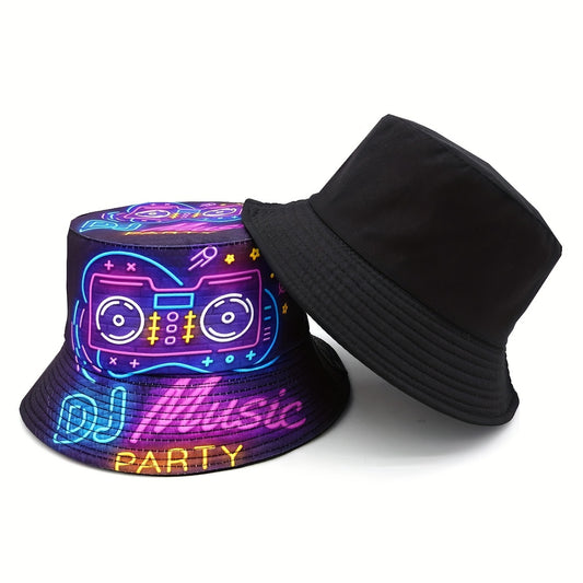 1pc Neon DJ Music Party Hat - Vibrant Printed Bucket Hat with "DISCuss WHAT'S THIS?" Design, Lightweight Polyester, Perfect for Music Festivals & Hip-Hop Themed Events, Disco Party Accessories