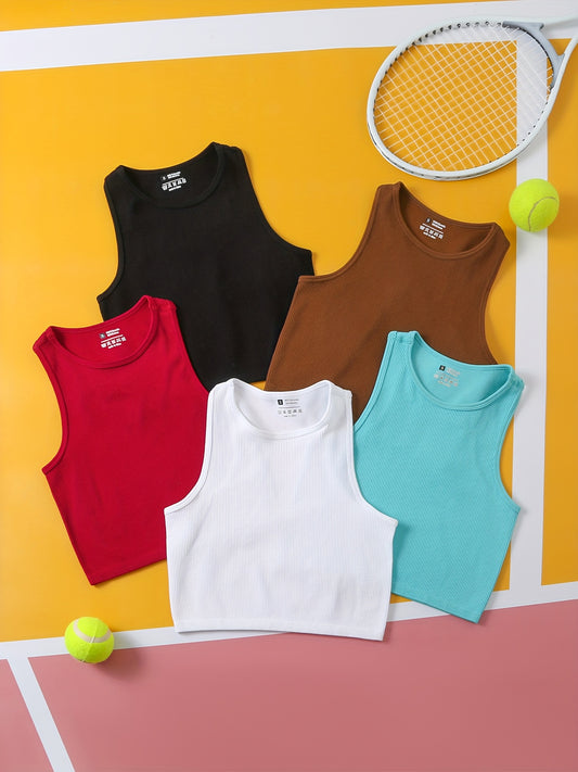 5-Pack Women's Seamless Ribbed Crop Tank Tops - Soft & Breathable High-Stretch Fabric, No Padding, 5 Solid Colors (Blue, Pink, Orange, Green, White) - Racerback Activewear for Yoga, Gym, Workout & Casual Wear, Workout Clothes