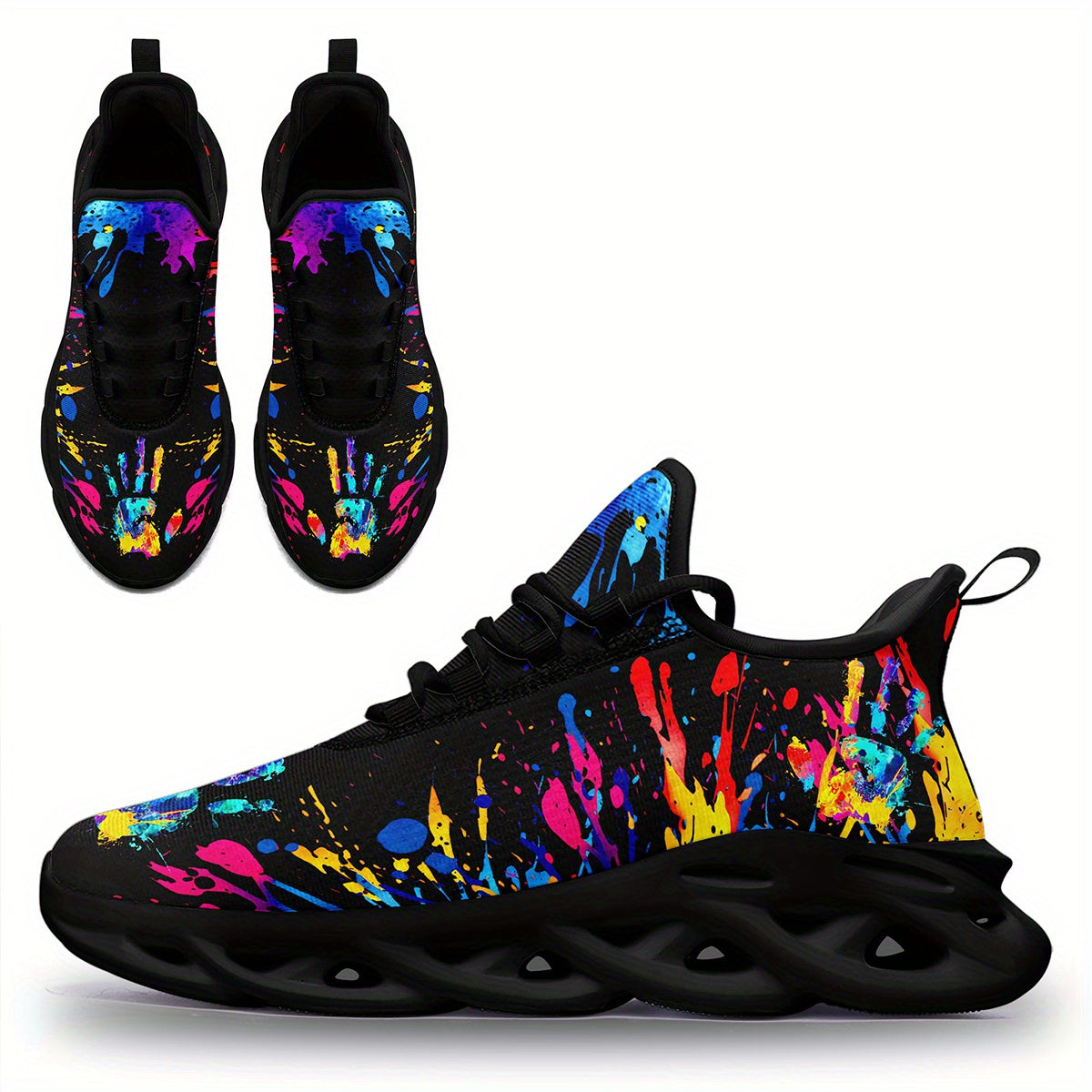 Men'S Fashion Casual Sneakers with Colorful Splatter Design - Ultra-Light Twist Sole, Comfortable Trainers for Running, Travel & Streetwear | Trendy Low-Top Lace-Up Shoes in Black with Vibrant Splash Pattern, All-Season Wear,