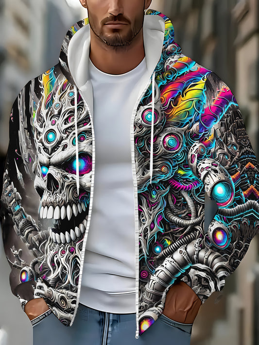Men's Cyberpunk Gothic Hooded Jacket - Full-Zip Graphic Sweatshirt with Skull & Mechanical Eyes, Front Pockets, Adjustable Drawstring Hood - Lightweight Outerwear for Streetwear, Gym, Halloween Parties - Machine Washable Poly