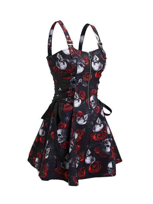 Women'S Gothic Rose Print Midi Dress with Back Zipper and Corset Detail - Casual Sleeveless A-Line Skirt, Black with White Floral Pattern, Elegant Halloween Attire