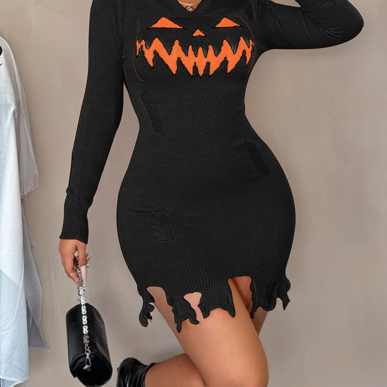 Women's Solid Color Hooded Halloween Dress - Distressed Pumpkin Face Design, Bodycon X-Silhouette, Machine Washable, Vibrant Orange for Halloween Parties & Casual Wear, Halloween Costumes, Festive Attire, Festive Design, Easy