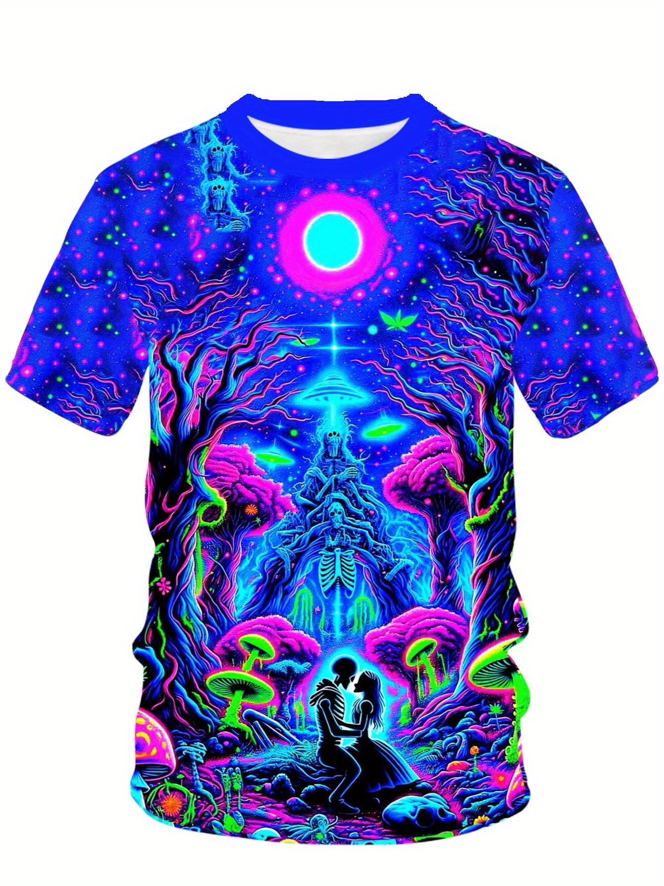 Men's 3D Printed Geometric Cosmic Scene Casual T-Shirt - Vibrant Neon Colors, Machine Washable Crew Neck Short Sleeve Top for Summer Outdoor Activities, Artistic Back Design