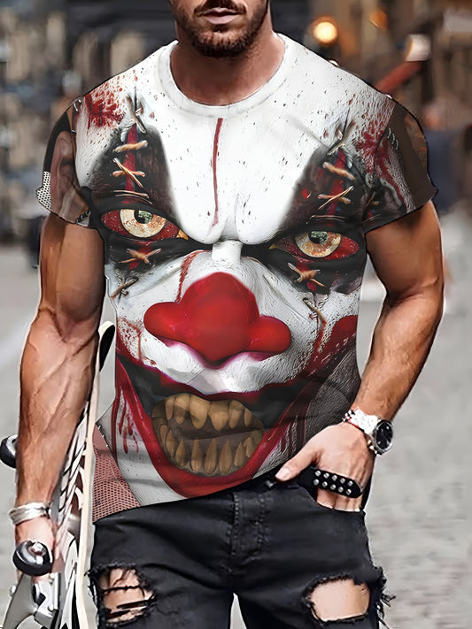 1pc Men's Pennywise Clown Costume T-Shirt - Pennywise Face & IT Movie-Inspired 3D Graphic Tee, Soft Stretchy Knit Fabric, Round Neck Short Sleeve Shirt for Horror Fans, Carnival Parties & Cosplay Events (Machine Washable) - C