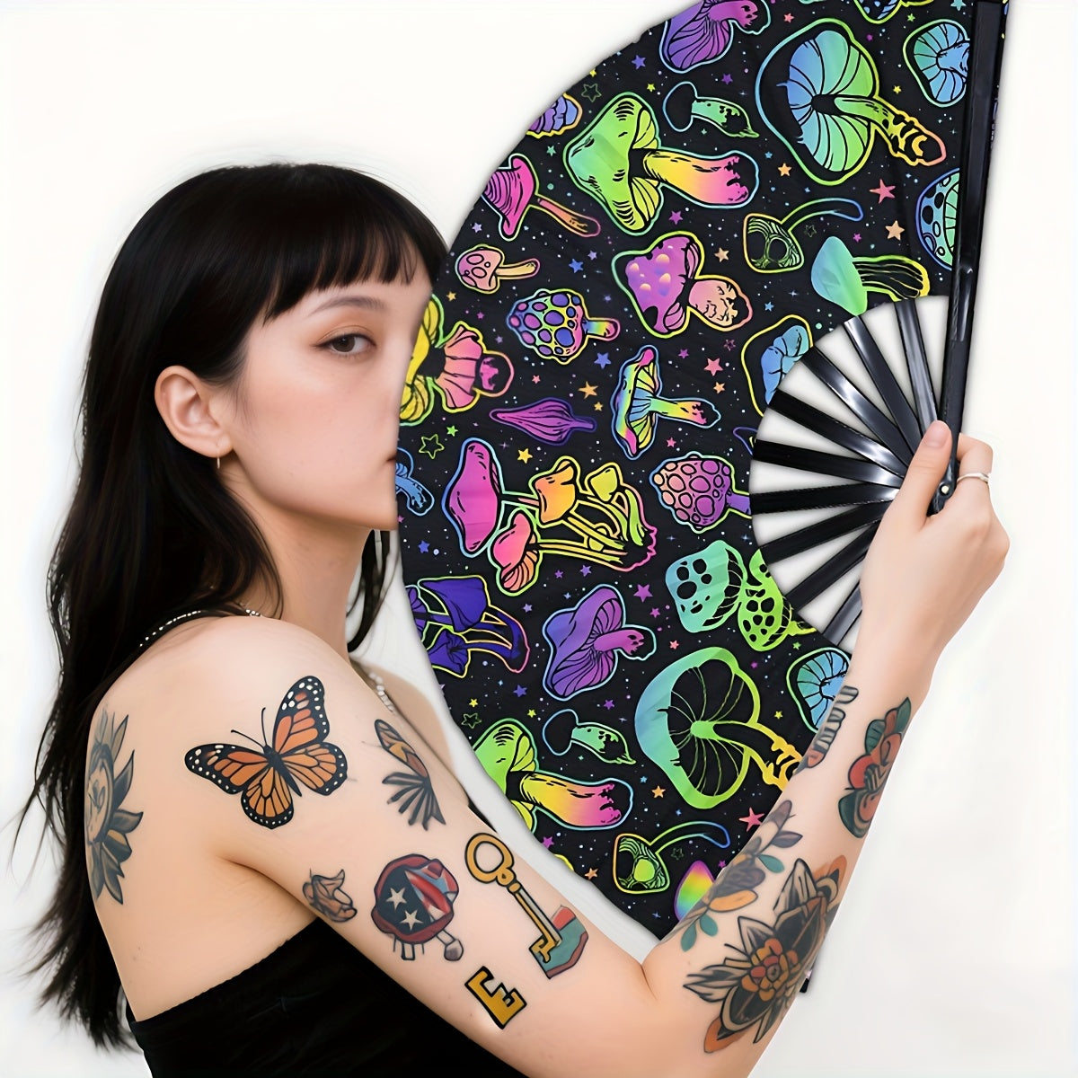 33.02cm Glow-in-the-Dark Mushroom Folding Fan - Vibrant Neon Psychedelic Design, Handheld PP Material for Parties, Raves, Halloween, Concerts, Cosplay & Themed Events - No Battery Needed, Mushroom Decor