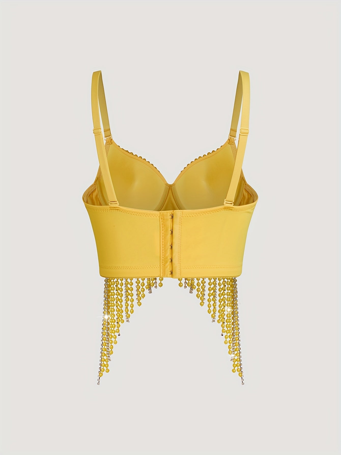 Sexy Fishbone Corset Top with Pearl Embellishments & Tassel Details - Vibrant Pink Stretchy Spaghetti Strap Bustier for Nightclub, Concert, Festival - Versatile All-Season Women's Fashion, Concert Attire, Elegant Style, Styli