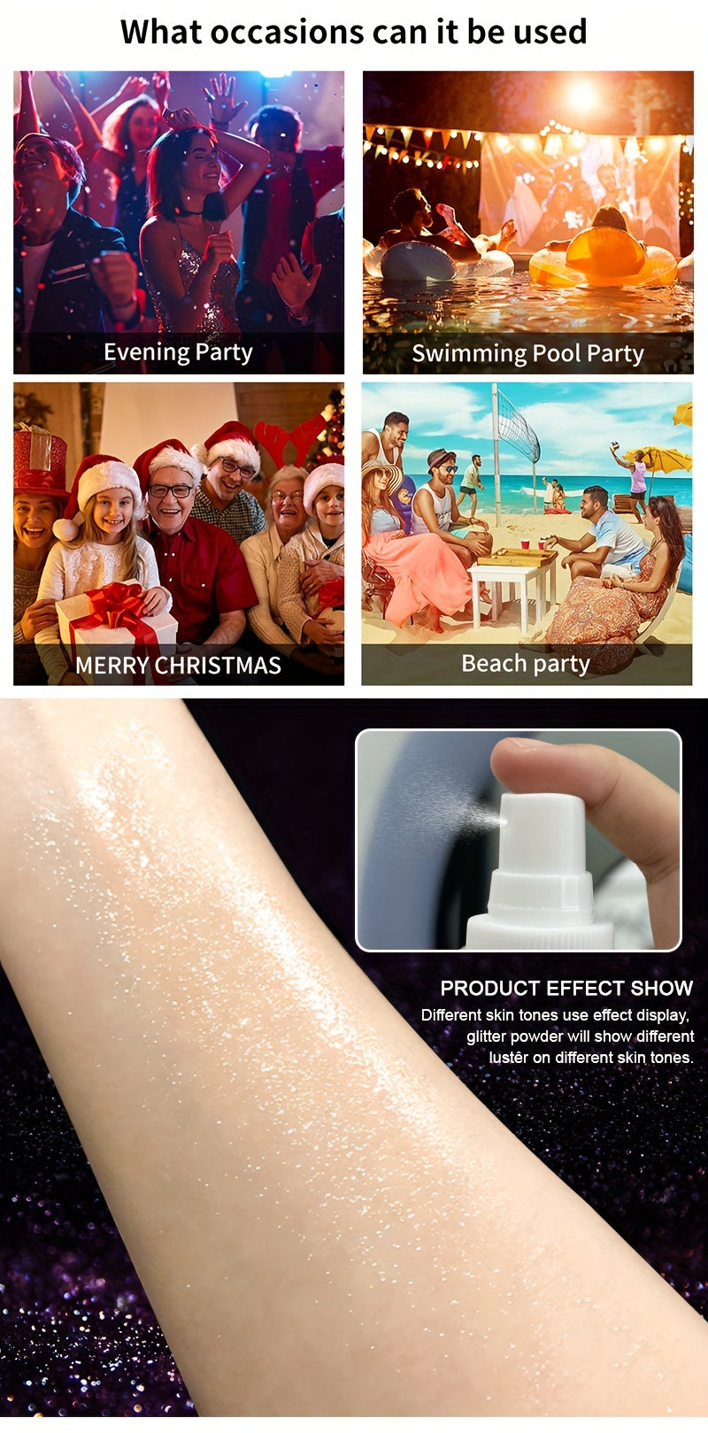 Glitter Highlighter spray, face body collarbone hair spray, Holiday party highlighter spray