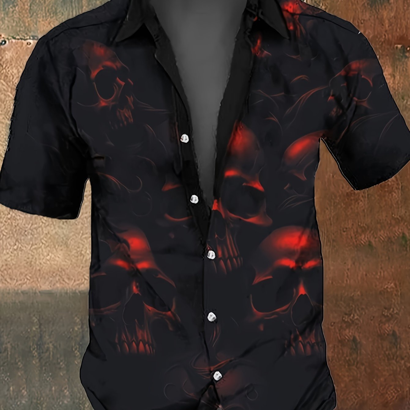 Men's Halloween Skull Print Short Sleeve Shirt - Black with Red & Orange Graphic, 100% Polyester Lightweight 140gsm, Regular Fit Button-Up Collar Top for Parties, Casual Wear & Outdoor Events