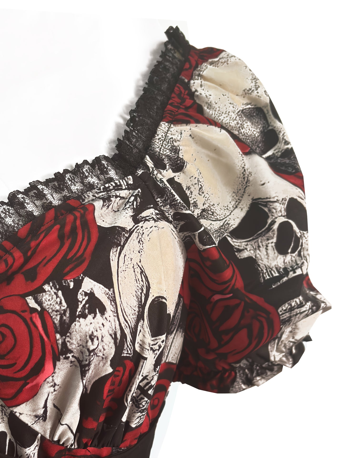 Women's Gothic Y2K Skull & Rose Print Gothic Victorian-Style Dress with Ruffled Hem & Spaghetti Strap - Lace-like Sleeve Neckline, Corset Back Closure, Machine Washable - Elegant Party Outfit for Halloween, Day of the Dead, T