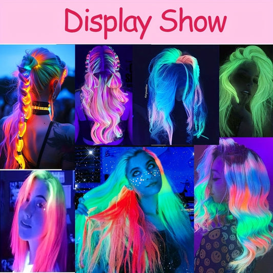 10pcs Glowing Clip-In Synthetic Hair Extensions 20-Inch Colorful Neon Glow-in-the-Dark Wigs, Easy-to-Wear Clip Design, Smooth Soft Texture, Women'S Daily Fashion Accessory for Halloween New Year Parties