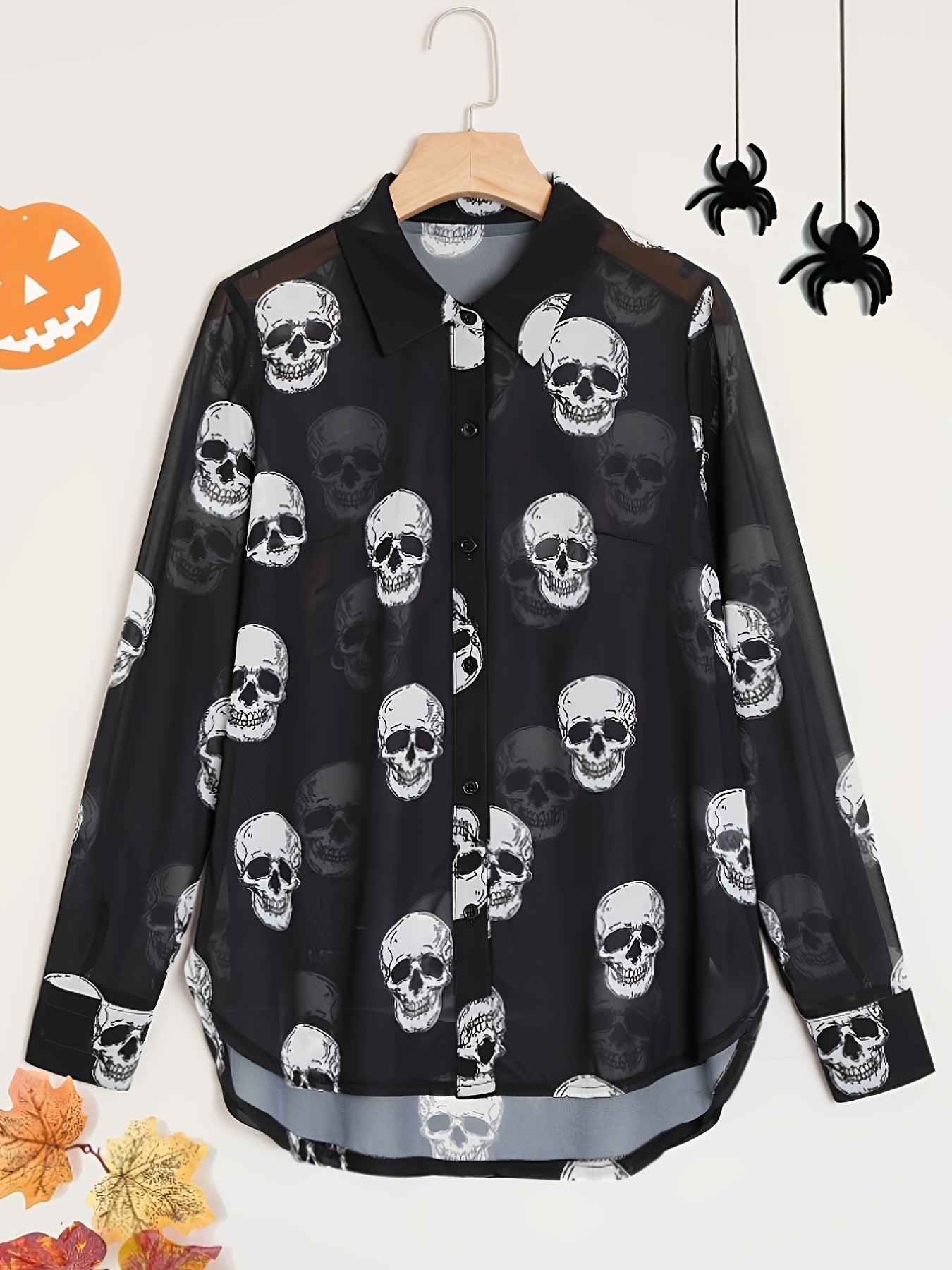 Women'S Elegant Halloween Skull Print Shirt, 100% Polyester Linen Blend, All-Season Lapel Collar, Woven Fabric, 180gsm - Adult Fashion Top