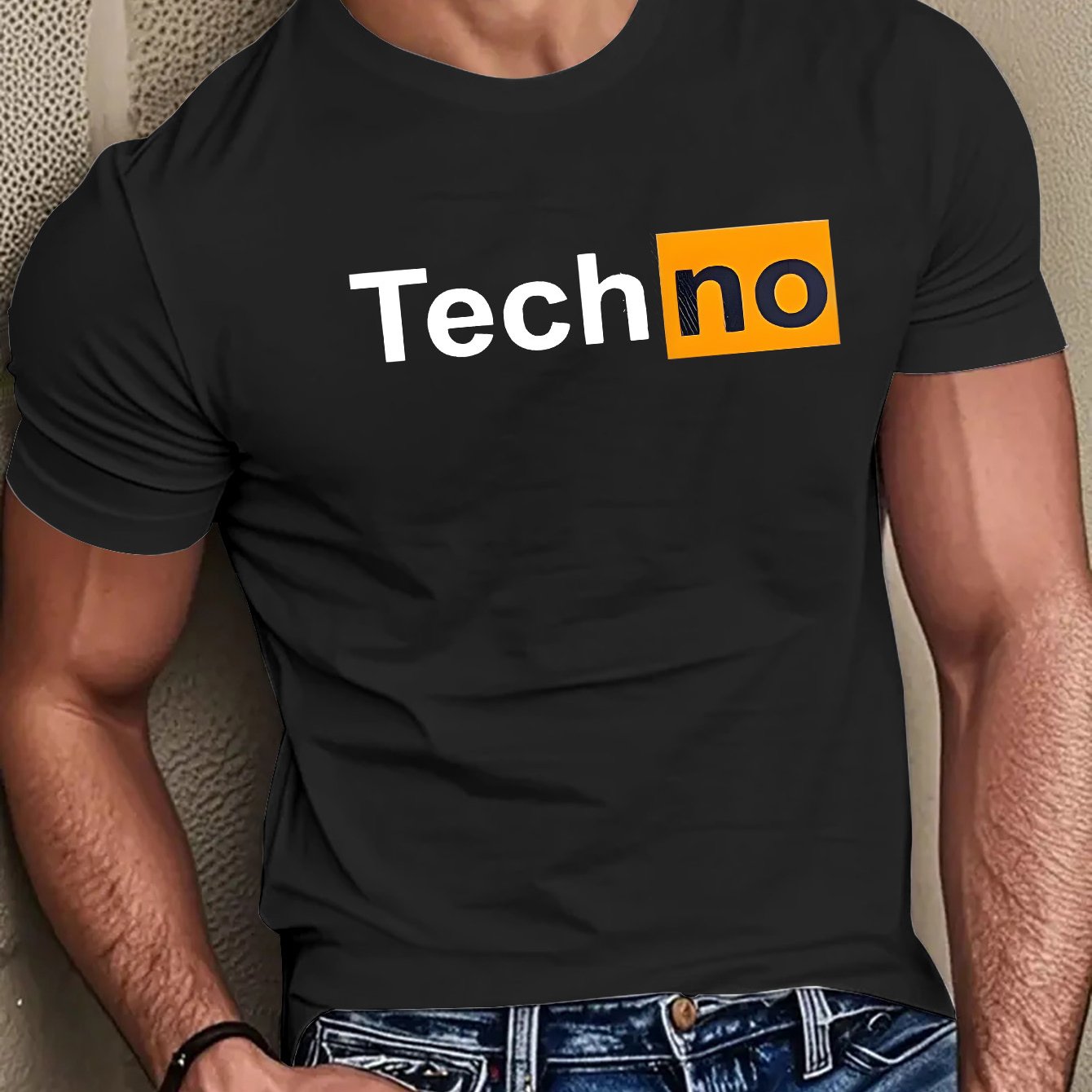 Men's Casual Summer T-Shirt - Soft Breathable Fabric with Bold "Techno" Letter Print & Orange Accent, Ribbed Collar, Regular Fit for Casual Attire, Summer T Shirts, Classic Round Neckline, Comfortable Tee Construction