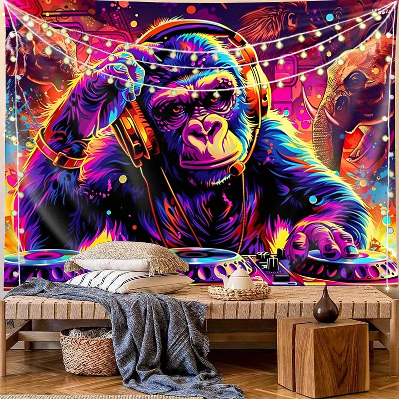 1pc Anime-Themed Blacklight Reactive Glow Tapestry, UV-Activated Wall Hanging with DJ Gorilla & Elephant, Knit Polyester Fabric, 85gsm, for Bedroom Ceiling, Dorm & Living Room Decor, No Electricity Needed