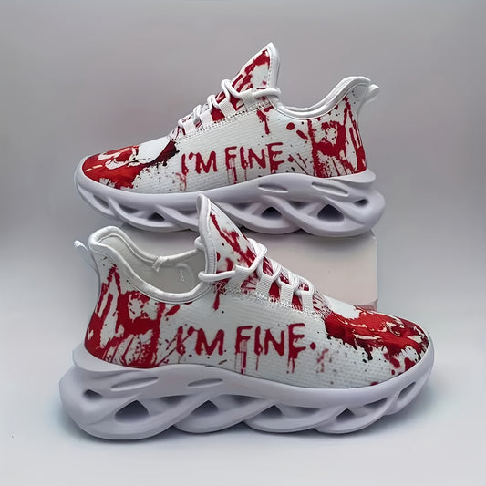 Men'S Halloween Sneakers - Blood Splatter Skull Design, Lightweight MD Sole, Breathable Fabric, Lace-Up Training Shoes for Gym, Streetwear, Parties - Red & White Gothic Style, All-Season Casual Wear, Bold Print, Fashionable T