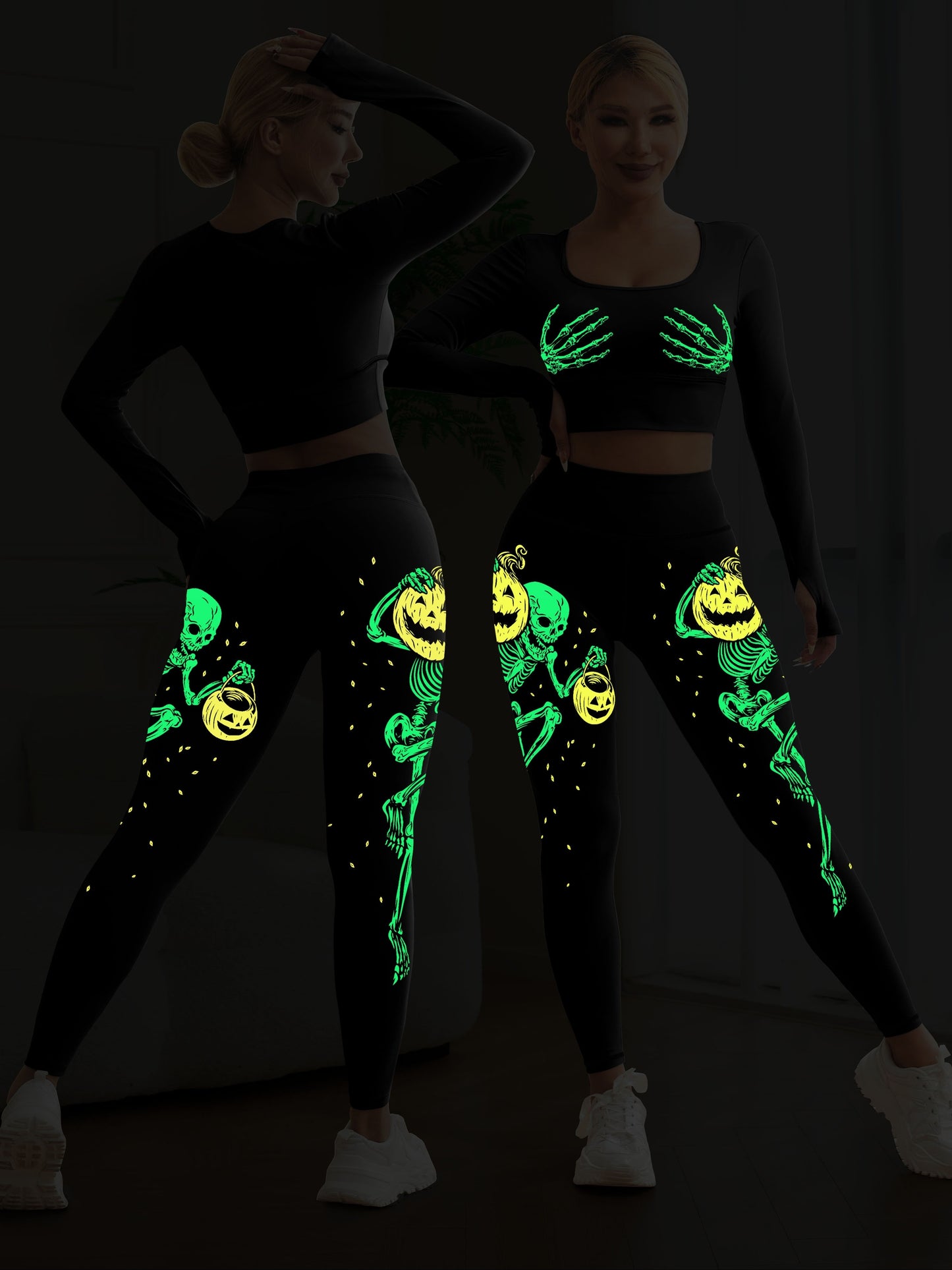 Women's High-Waist Yoga 2pcs Set, Halloween Skull Pumpkin Glow-in-the-Dark U-Neck Bra and Long Sleeve Top, High-Waist Stretchy Black Leggings with Printed Skeleton & Fluorescent Pumpkin Design, Women's Casual Sportswear Pants