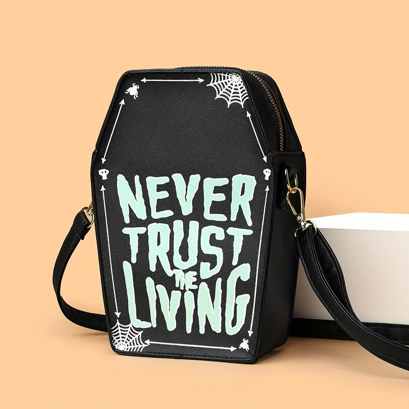 1pc Halloween Coffin-Shaped Fashion Shoulder Bag for Women, Sexy Gothic Faux Leather Crossbody Purse with "Never Trust The Living" Print, Zip Closure, Polyester Lining, and Edge Detailing
