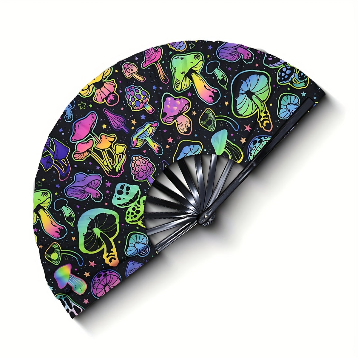 33.02cm Glow-in-the-Dark Mushroom Folding Fan - Vibrant Neon Psychedelic Design, Handheld PP Material for Parties, Raves, Halloween, Concerts, Cosplay & Themed Events - No Battery Needed, Mushroom Decor